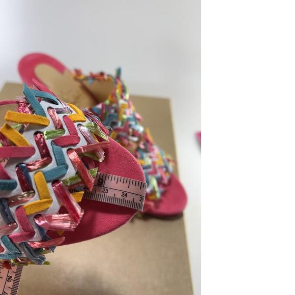 Meroine Pink Rainbow Woven 85mm raffia fringe heels mules D973 - Picture 11 of 11